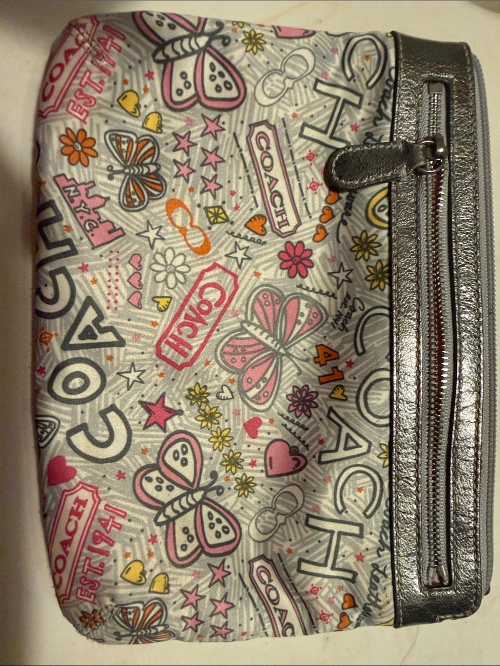 Coach Butterfly Logo Print Wristlet in Pink, Orange & Silver